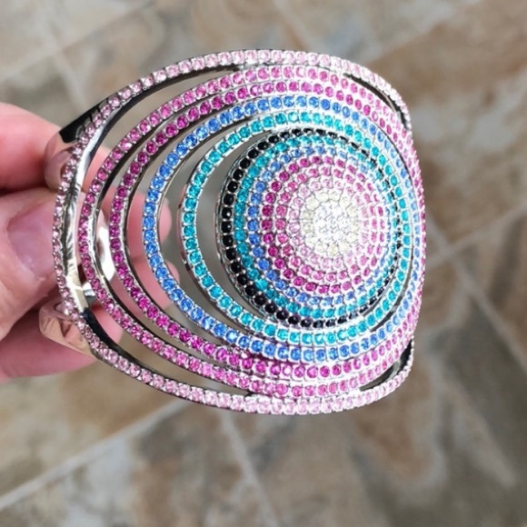 Swarovski Crystal silver bangle cuff bangle bracelet with multi color crystals. - Picture 2 of 8